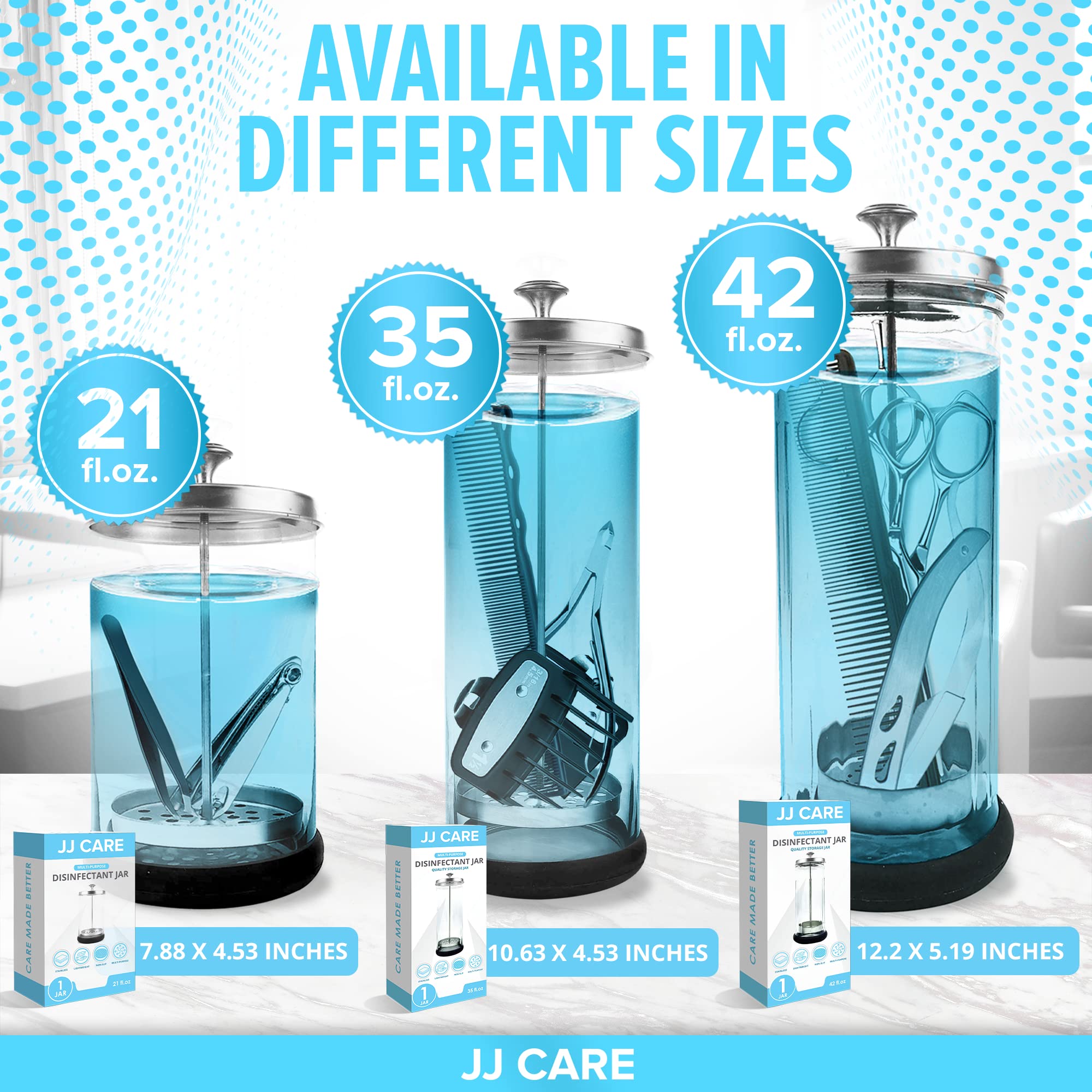 JJ CARE Disinfectant Jar (35oz) - Barber Disinfectant Jar Glass, Sanitizer Container w/Stainless Steel Removable Strainer & Cap for Manicure, Salon, Spa and Barber Tools - Silver Lid