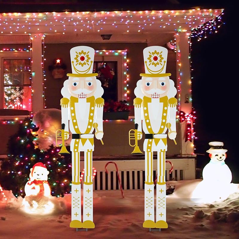 GlikCeil 2-Pack 6ft Large Outdoor Nutcrackers - White Gold Variation