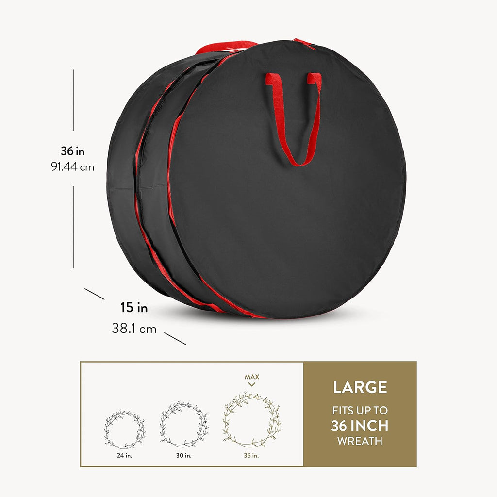 ZOBER Wreath Storage Bag - 36 Inch Durable Oxford Fabric for 2 Wreaths | Strong Handles & Compartment - Black