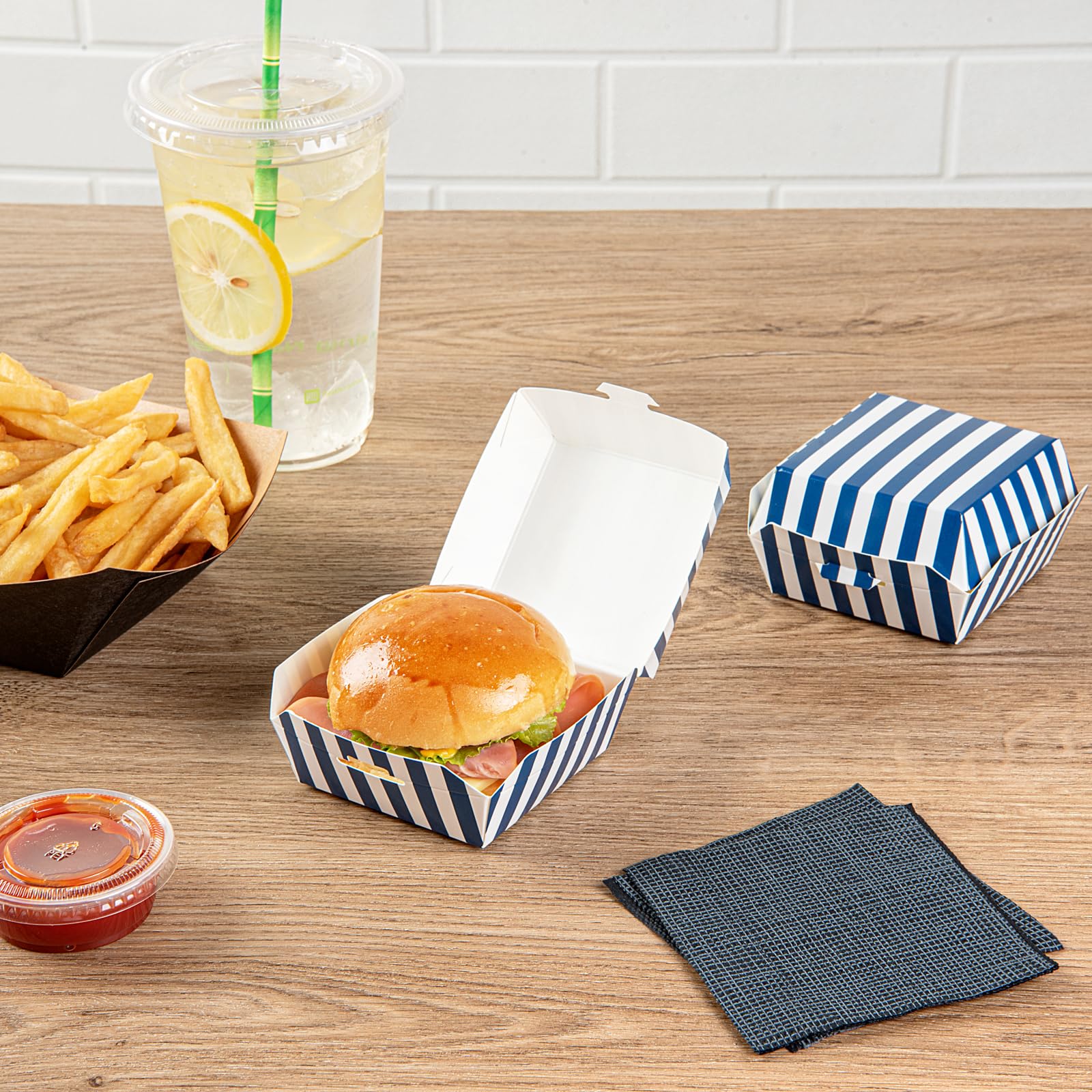 Restaurantware 2.8 x 2.8 x 2 Inch Mini Burger Boxes 100 Clamshell Food Containers - Hinged Lid Striped Blue And White Paper Take Out Boxes Serve Sliders Or Finger Foods