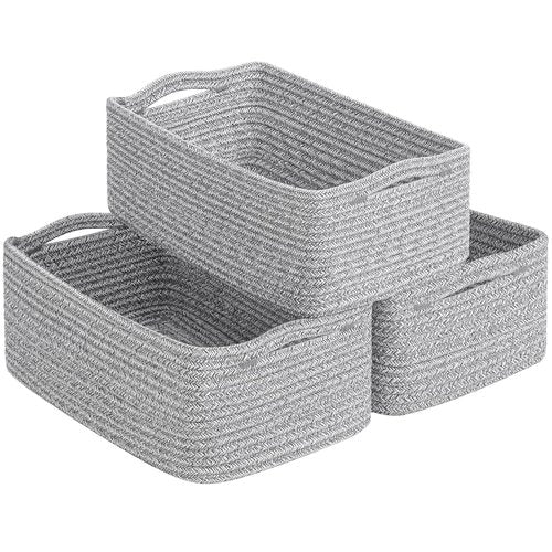 Goodpick Storage Baskets - Small Woven Rope Organizers for Toys & Nursery | 3 Pack, White & Gray, 11 x 7 x 4.5 in