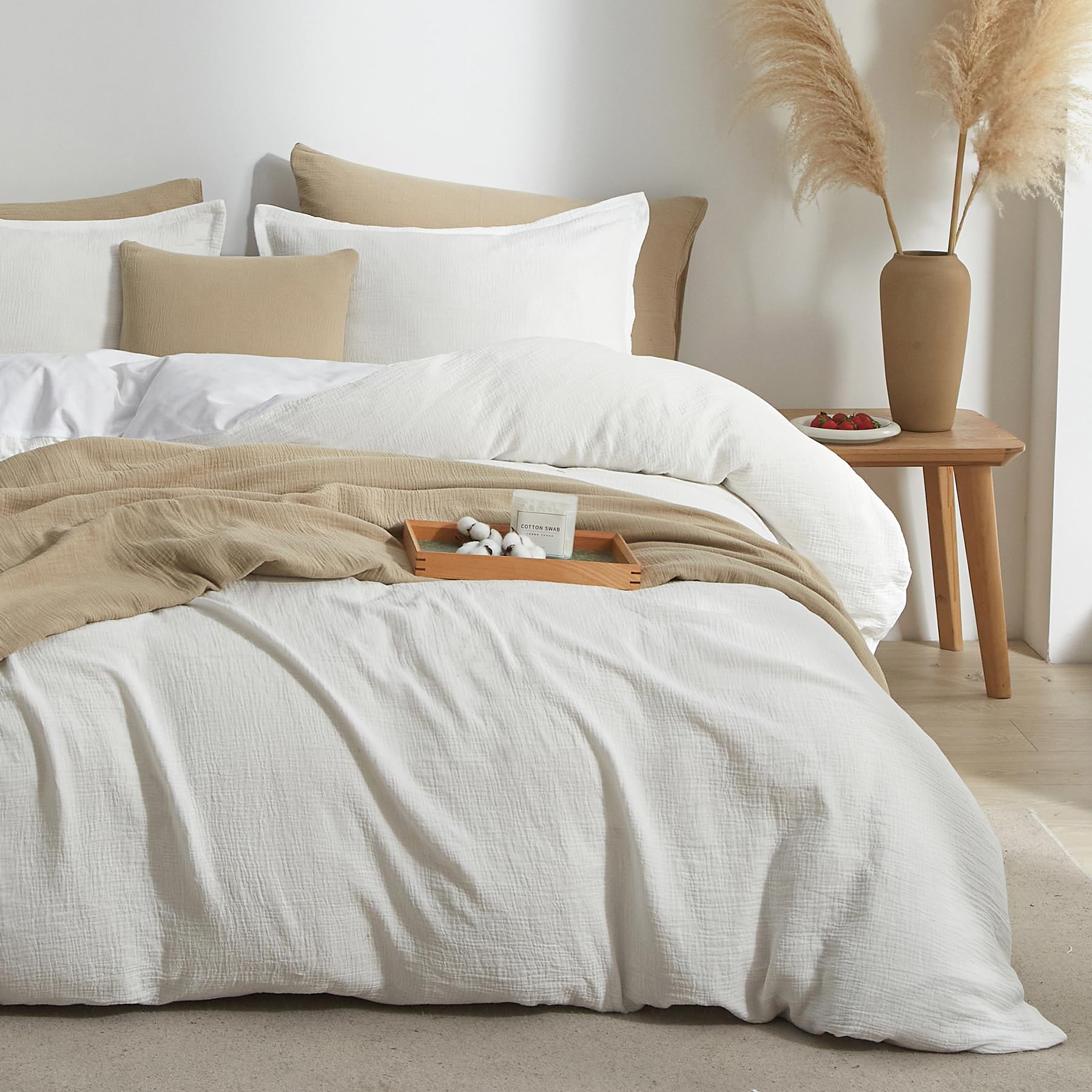 Bailix Muslin Duvet Cover Set Queen Size, 100% Washed Cotton Gauze Duvet Cover for All Seasons, Linen Like, 3 PCS, 1 Fluffy Duvet Cover(90"x90") with 2 Pillow Shams(20"x26"), White