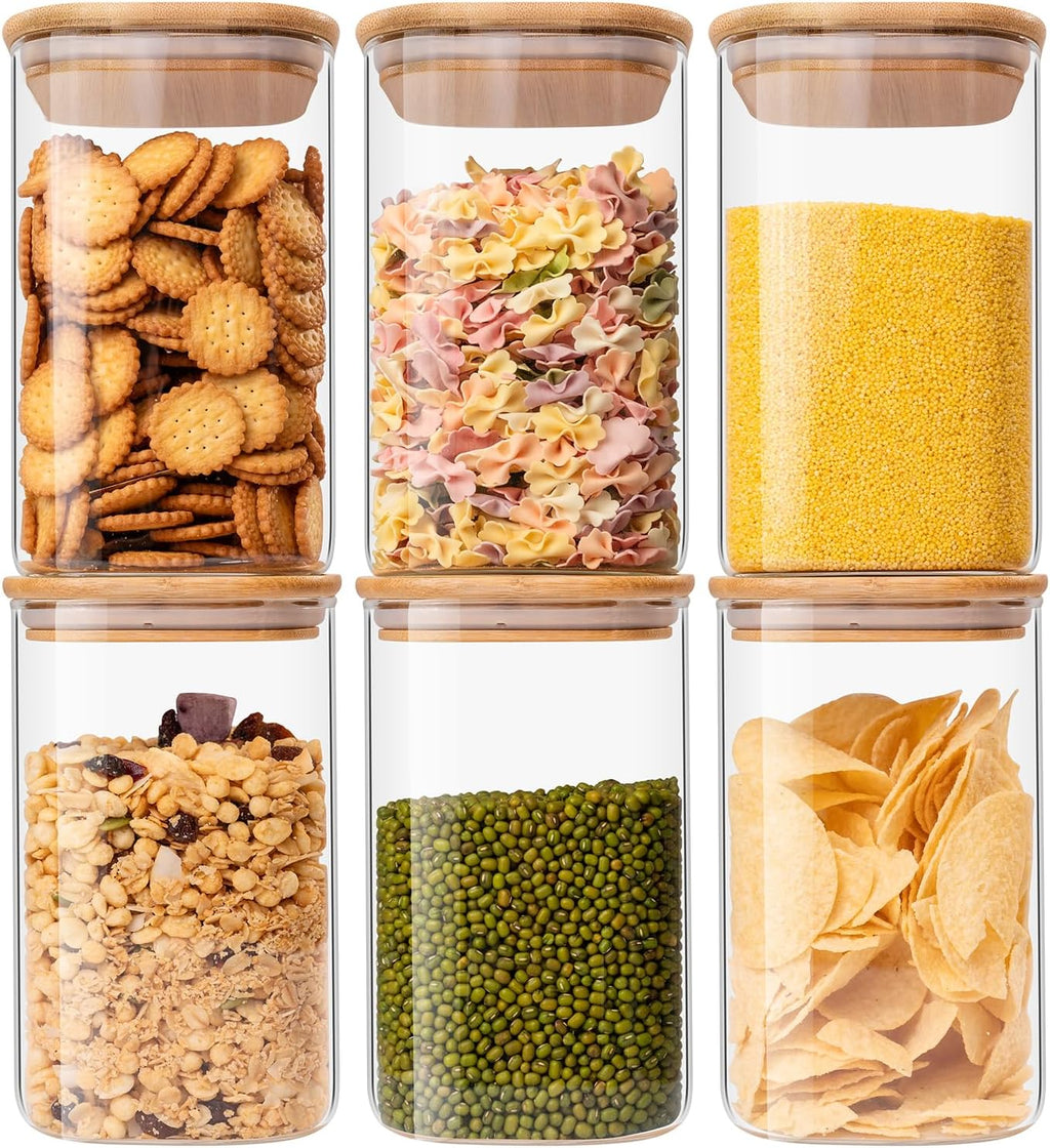 Skiennix Glass Food Storage Jars - 37 oz Airtight Containers with Bamboo Lids | Set of 6 for Tea, Coffee, and More