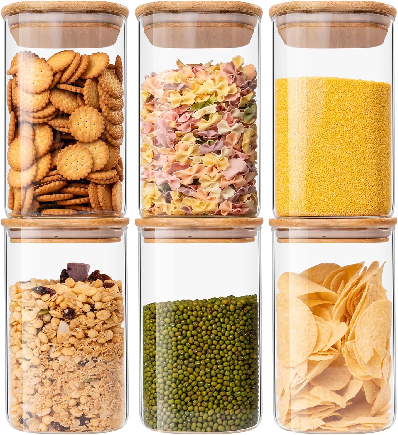 Skiennix Glass Food Storage Jars - 37 oz Airtight Containers with Bamboo Lids | Set of 6 for Tea, Coffee, and More