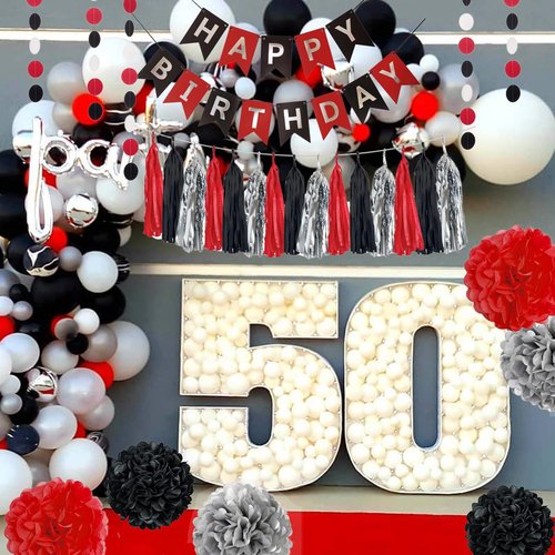 24PCS Red Black Silver Birthday Party Streamers Backdrop Decorations for Adult Women Men 21st 30th 40th 50th 60th 70th Birthday Banner Party Table Centerpieces Wall Hanging Paper Flowers Garland Décor