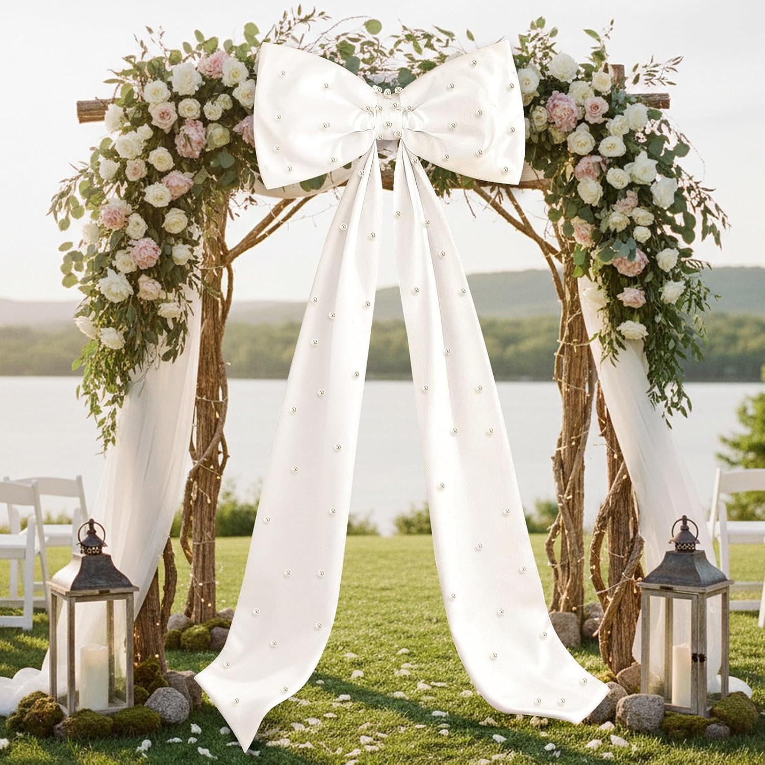 Skiennix Giant White Bow - Oversized 40 x 24 Inch Satin Ribbon Decor for Weddings & Parties