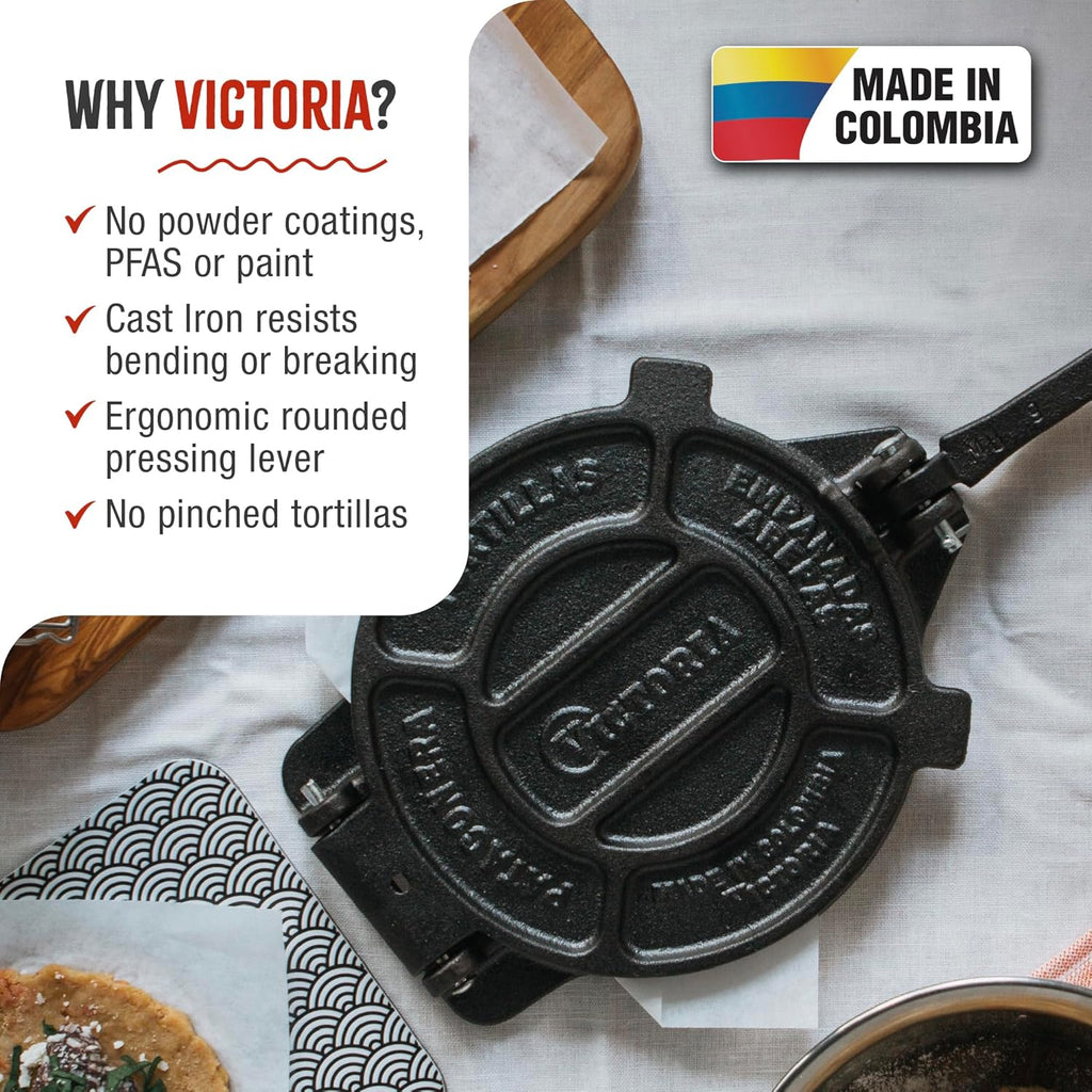 Victoria Cast Iron Tortilla Press - 8 Inch Roti Maker Seasoned with Flaxseed Oil | Traditional Black Design