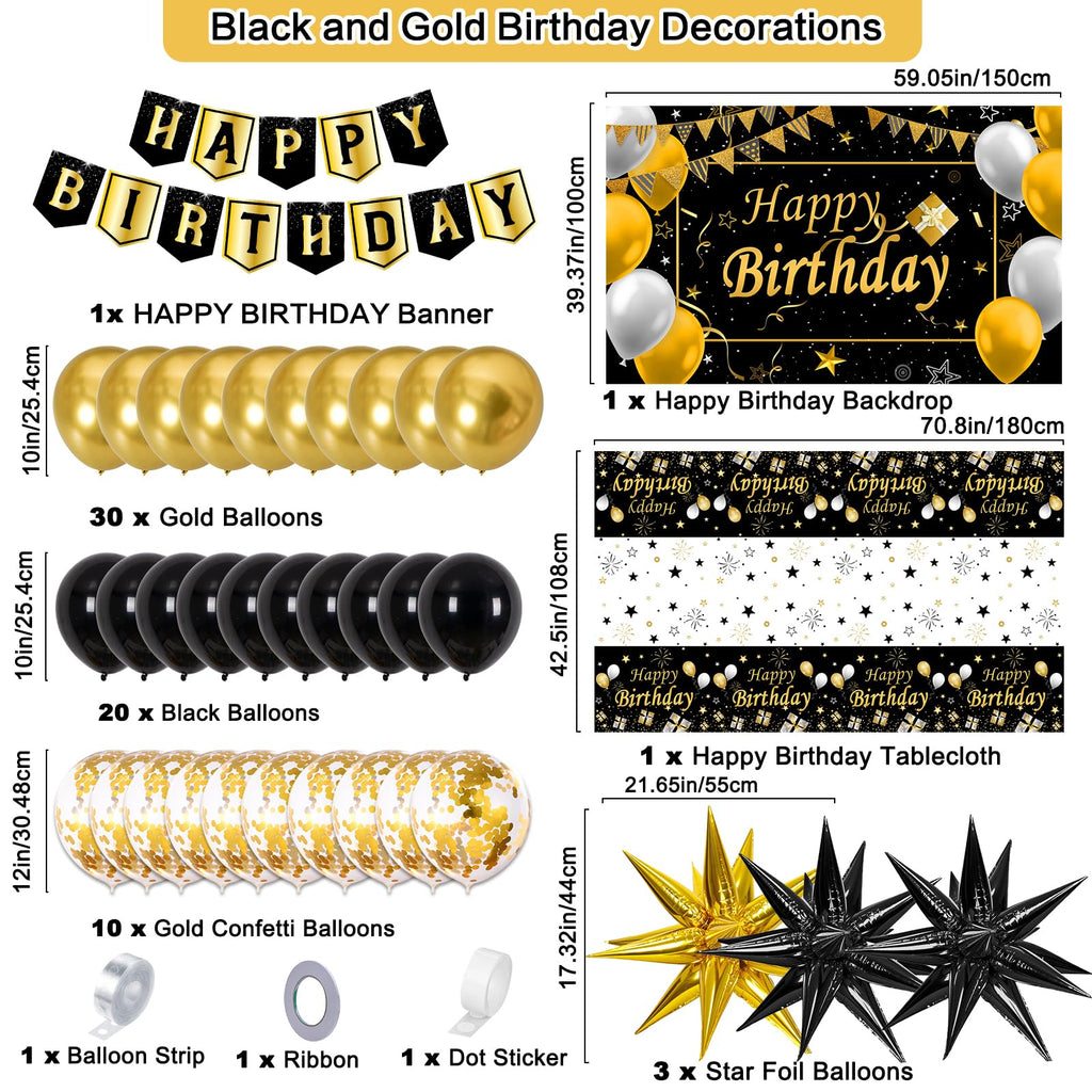 Black and Gold Birthday Decorations for Men Women, Black Gold Party Decorations Kit with Happy Birthday Banner Backdrop Tablecloth Foil Curtains Balloons Arch, Happy Bday Party Supplies for Him