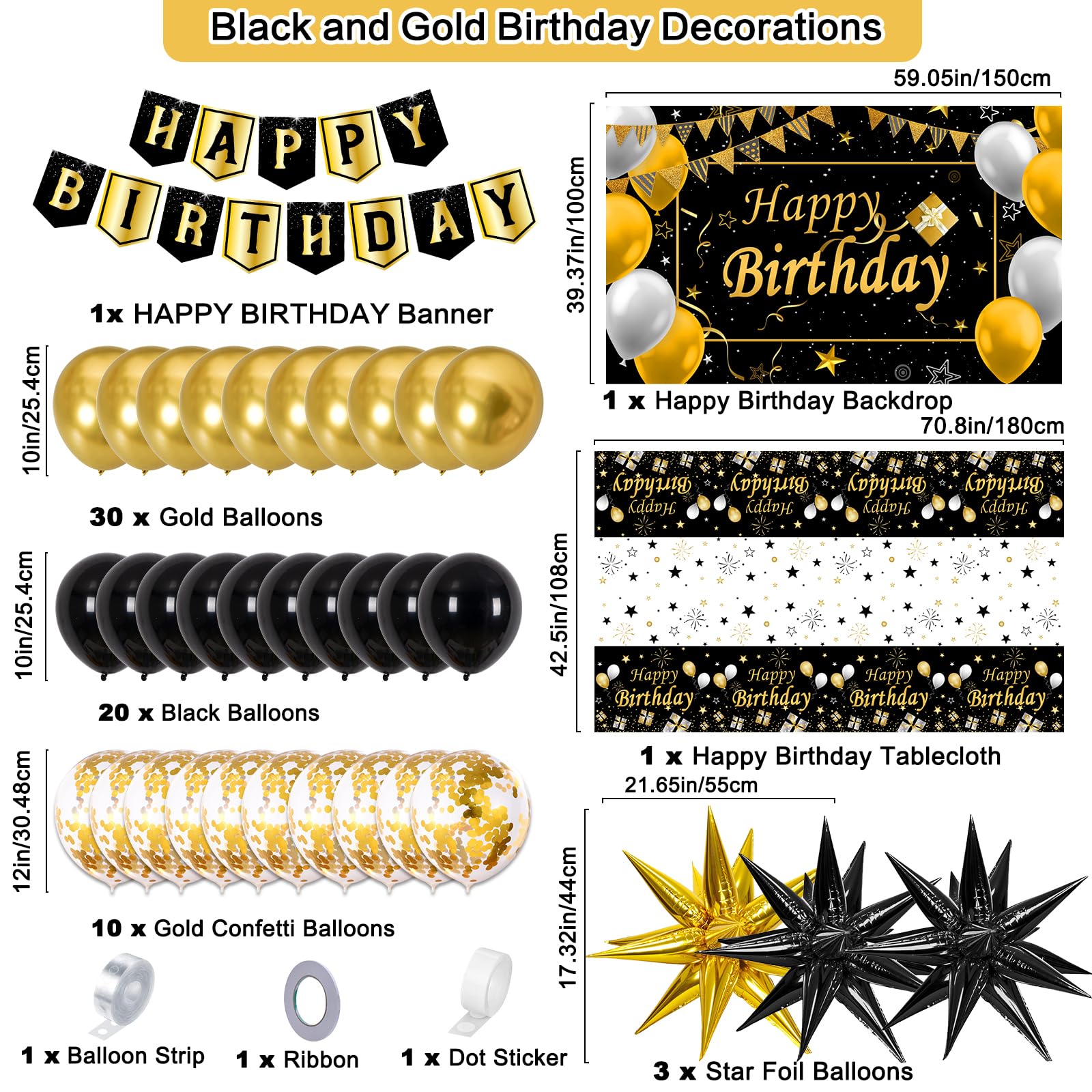 Black and Gold Birthday Decorations for Men Women, Black Gold Party Decorations Kit with Happy Birthday Banner Backdrop Tablecloth Foil Curtains Balloons Arch, Happy Bday Party Supplies for Him