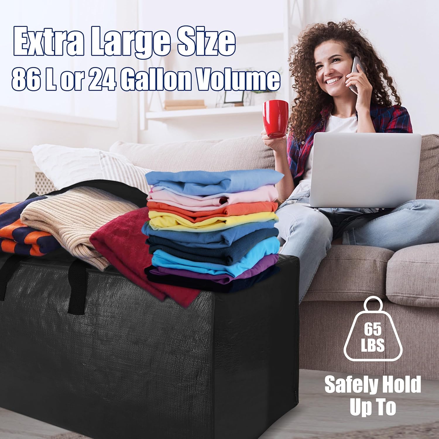 Sweet Dolphin Extra Large Moving Bags - Heavy Duty Storage Totes with Strong Zippers & Handles | 6 Pack, Black