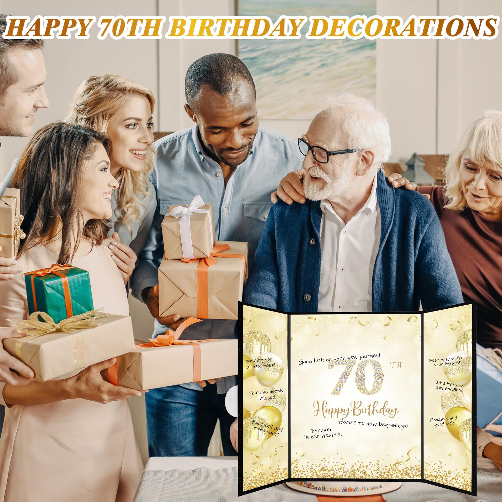 Thboxes Happy 70th Birthday Decorations for Men, Black Gold Signature Guest Book Alternative Cheers to 70 Years Birthday Gifts Creative Signing Card Board for 70th Party Supplies