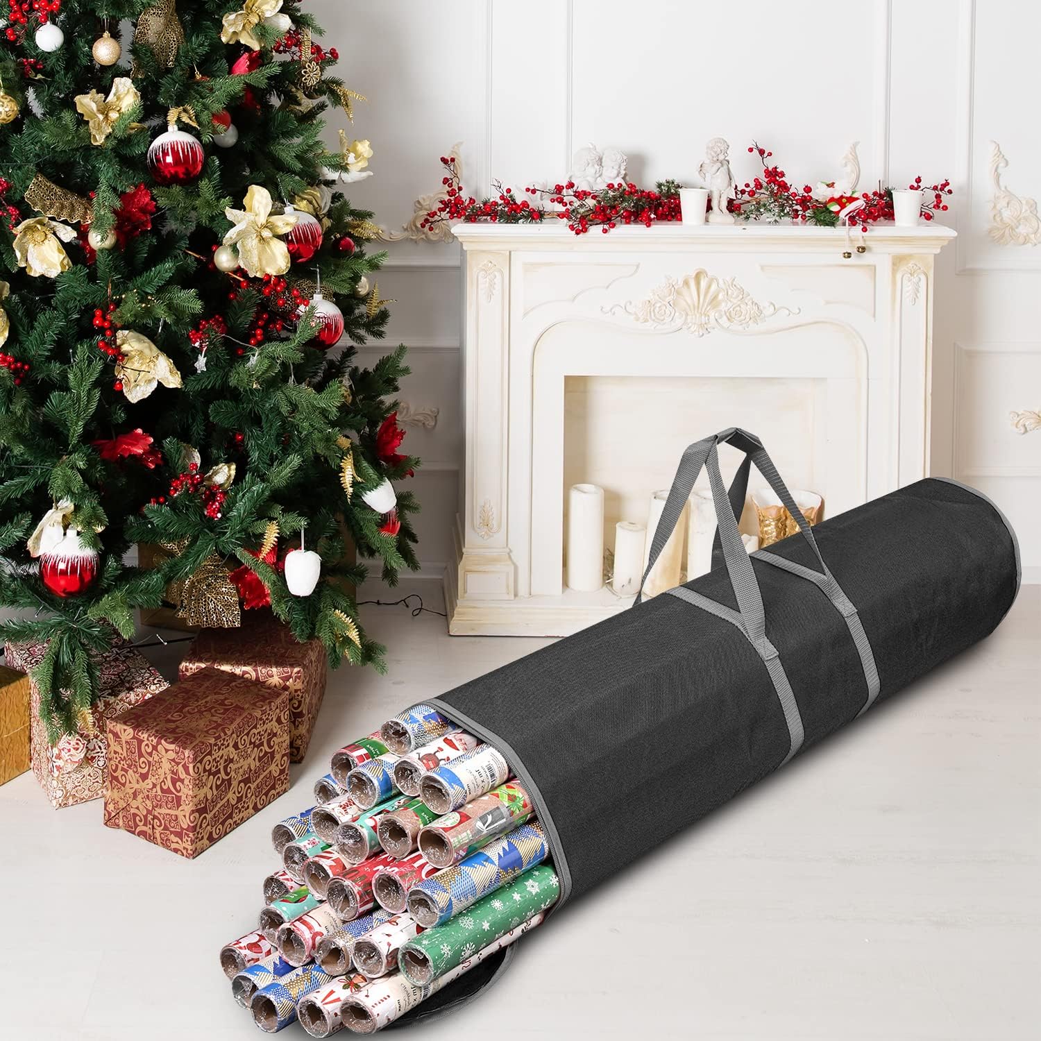 ProPik Wrapping Paper Storage Bag - Heavy Duty Gift Wrap Organizer | 2 Pack Holds 48 Rolls Up to 40" | Durable 600D Oxford Material (Black)