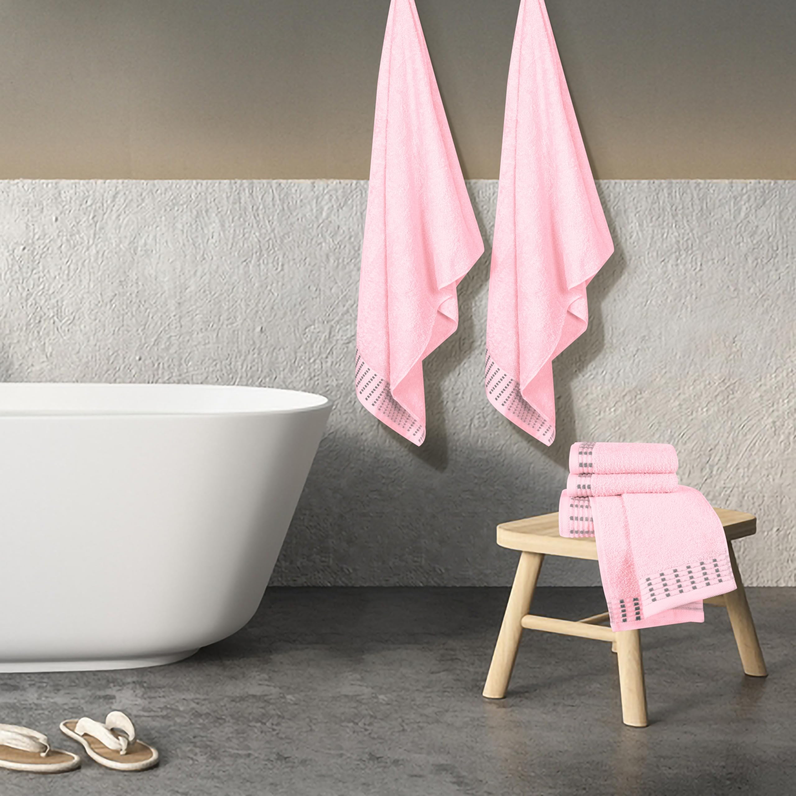MALLONI HOME Ultra Soft 6 Pack Cotton Towel Set, Contains 2 Bath Towels 28x55 inch, 2 Hand Towels 16x24 inch & 2 Wash Coths 12x12 inch, Ideal Everyday use, Compact & Lightweight - Pink