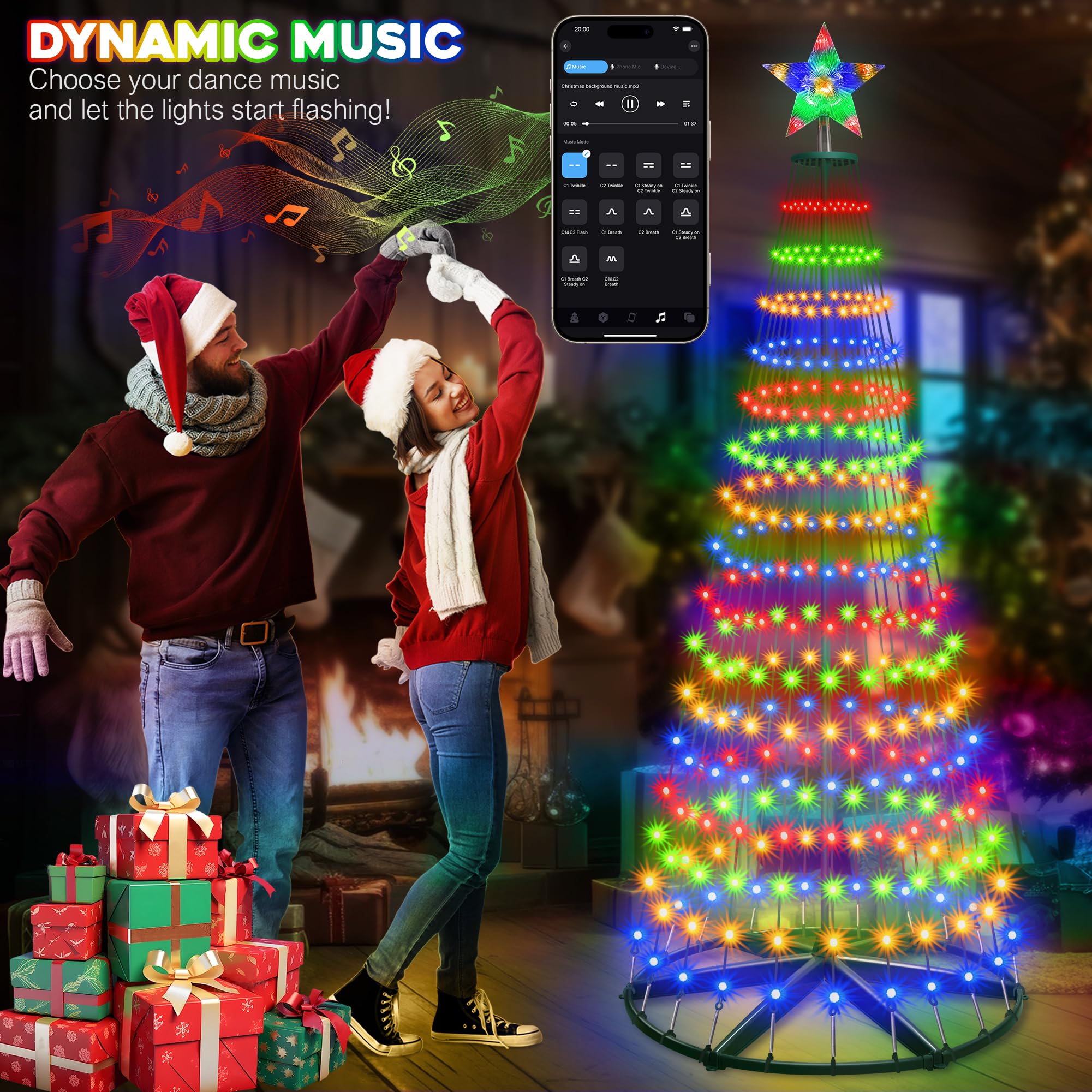 30+ Modes Smart Prelit Christmas Cone Tree with Lights - 6ft 296 LED App Control Color Changing Light Show Trees with Remote Timer Music Sync for Indoor Outdoor Yard (Green Body)