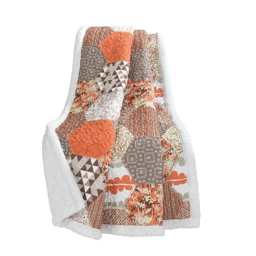 Lush Decor Briley Reversible Throw-Colorful Hexagon Patchwork Pattern Blanket, Tangerine-60 x 50"