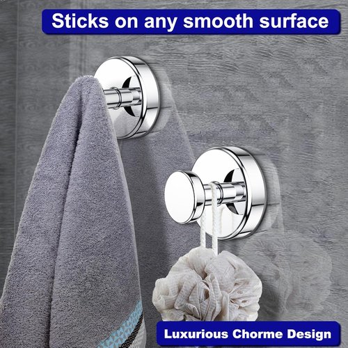 Bntuk Suction Cup Hooks - Removable Bathroom Towel Hooks for Shower & Glass Door | 4 Pack, Chrome