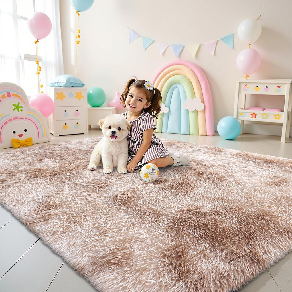 OLANLY Area Rug - Soft Fluffy Shaggy Design | Machine Washable 4x5.9 Feet | Beige Tie-Dye for Living Room & Nursery Decor