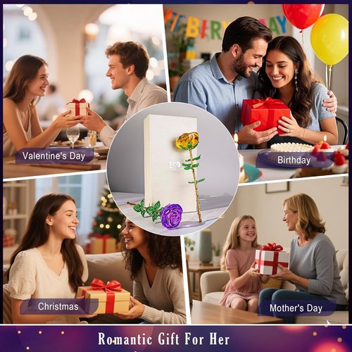 HDCRYSTALGIFTS Crystal Rose Flower Figurines - 9.5'' Purple & Yellow Glass with Green Leaves | Perfect Romantic Gifts for Her