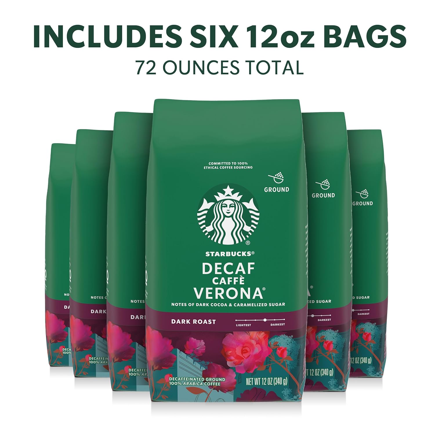 Starbucks Ground Coffee - Dark Roast Decaf Caffè Verona | Six 12 oz Bags for Hot or Iced Brew