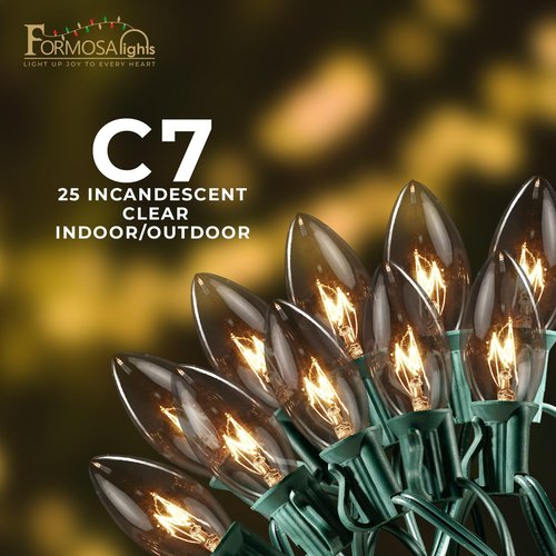Formosa Lights C7 26ft Indoor/Outdoor Clear Incandescent Christmas String Lights with 25 Bulbs and E12 Base | 120V, 5W