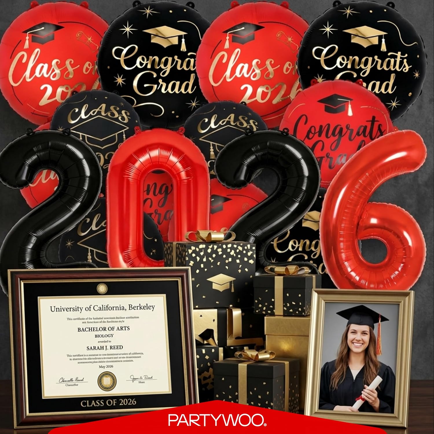 PartyWoo Graduation Balloons - Class of 2026 Black, Red & Gold Foil Number Balloons | 12pcs, 40 Inch & 18 Inch Mylar Decor
