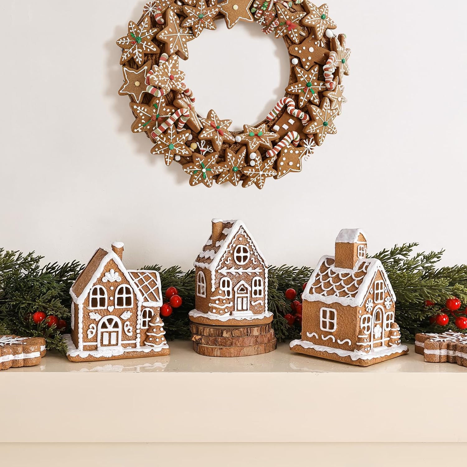 Skiennix Light-Up Gingerbread House Christmas Decorations - 3Pcs Collectible Figurines with LED Lights | Classic Swedish Xmas Table Décor