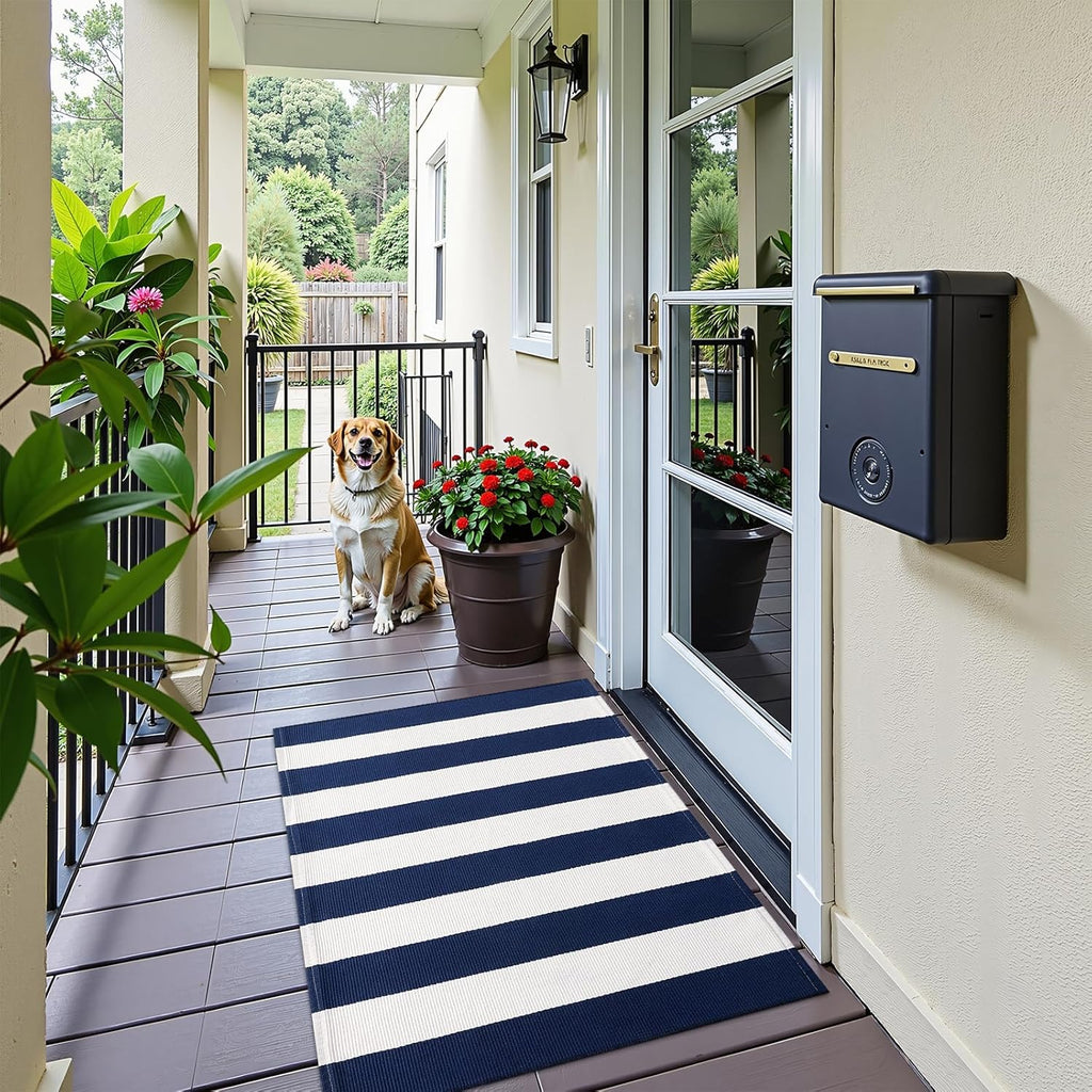 OLANLY Striped Rug - Navy & White Washable Cotton Doormat | 2'4" x 3'7" for Indoor & Outdoor Use