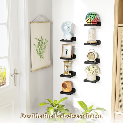 SRIWATANA Small Floating Shelves Wall Mounted, Wood Shelf for Decoration and Storage Set of 4, Mini Display Shelf for Bedroom, Bathroom, Kitchen, Office (Black, 5 inch)