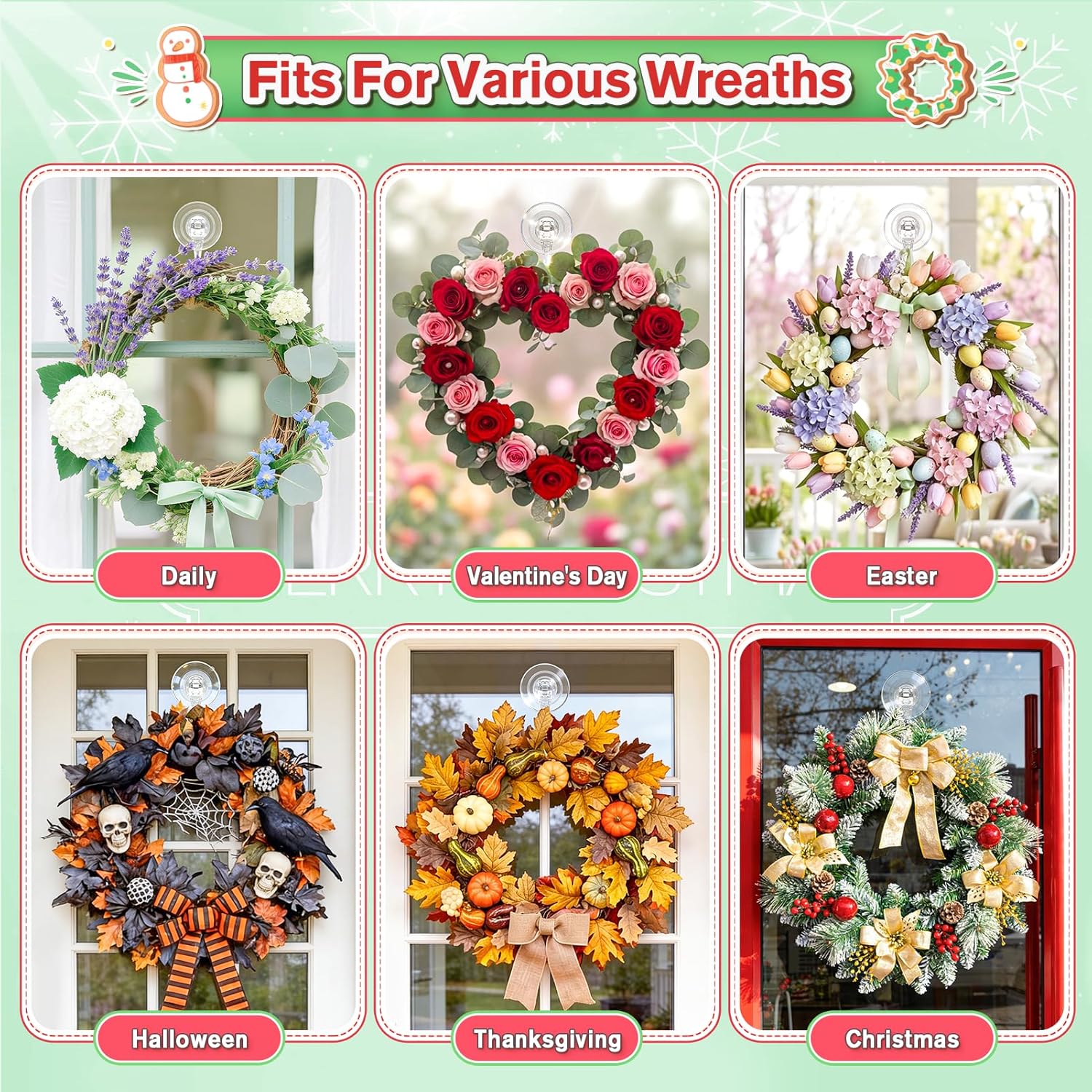 VIS'V Wreath Hanger - Heavy Duty Suction Cup Hooks | 22 LB Capacity, Clear, 8 Pack, Removable & Reusable