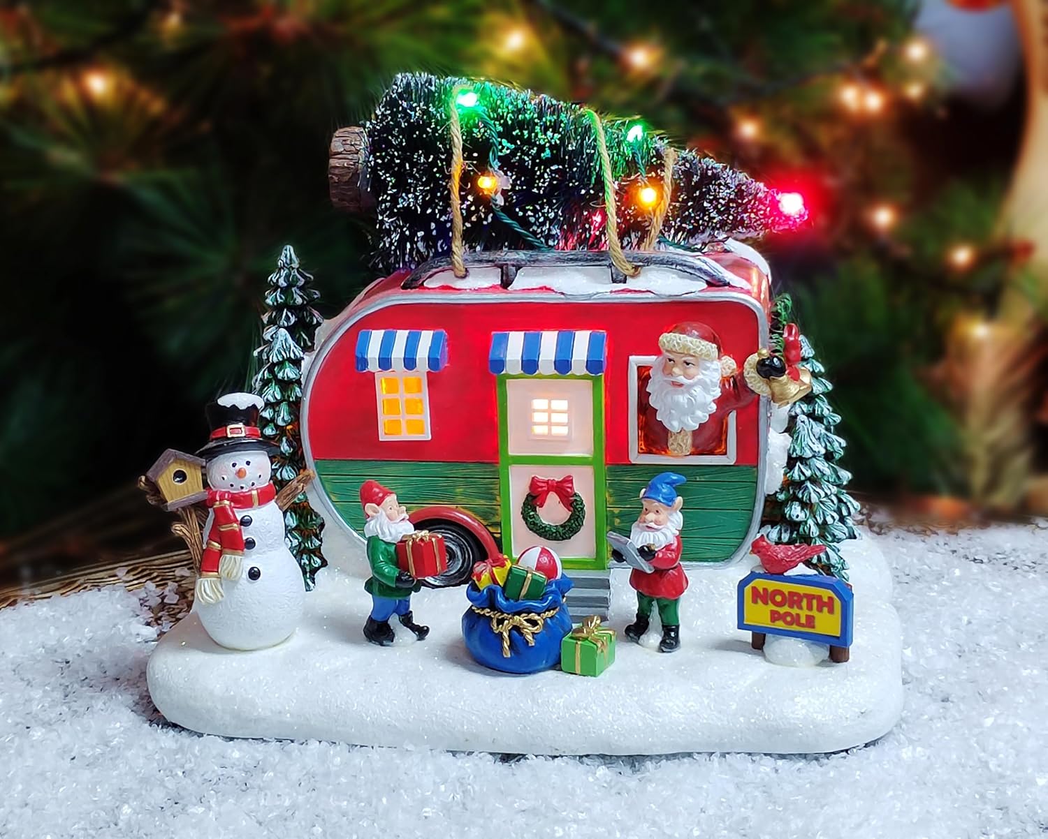 Moments In Time Christmas Village Lighted Camper Scene - 7.3” Hand-Painted Polyresin with LED Lights & Music