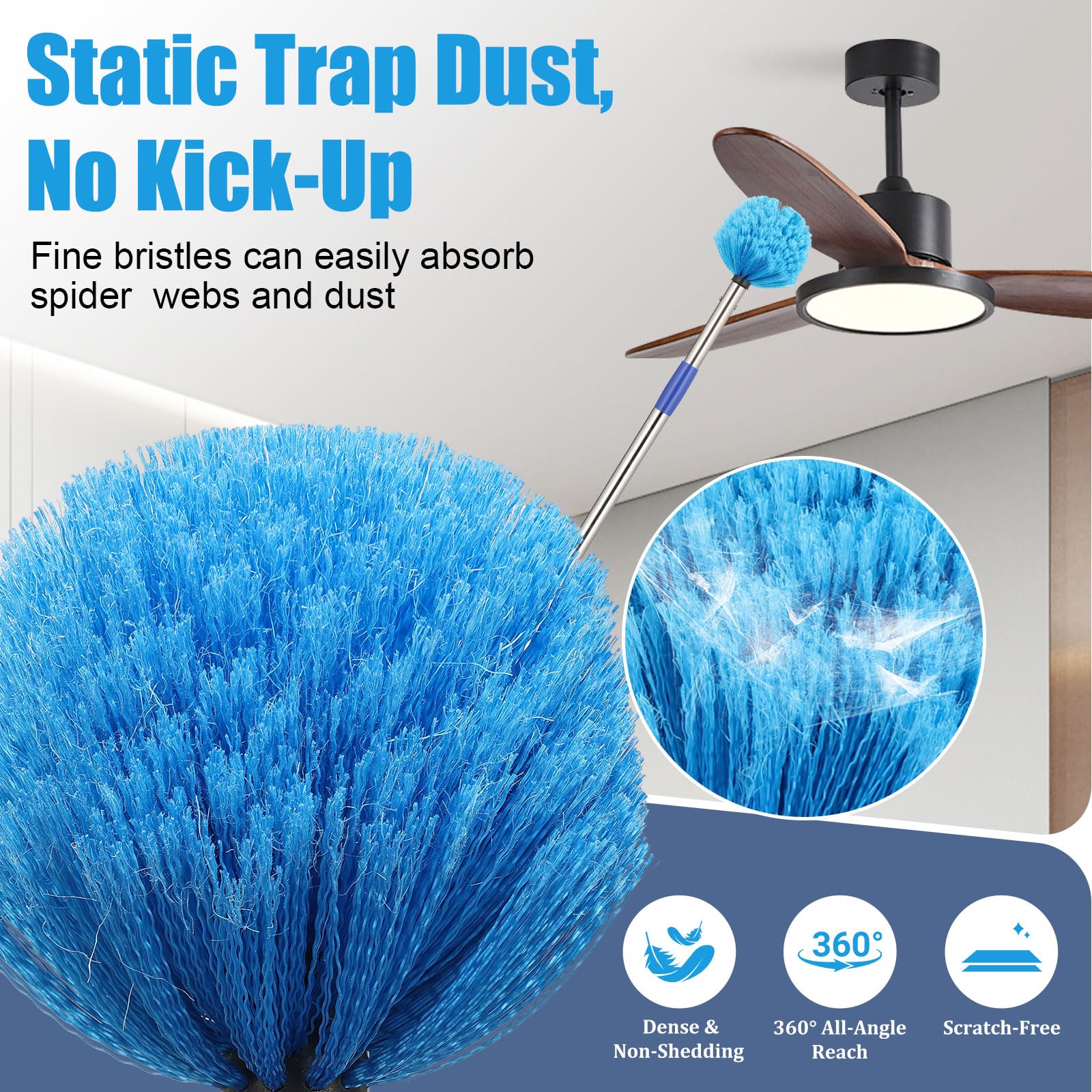 Cobweb Duster with Extension Pole - 6 FT Lightweight Stainless Steel Extendable Duster Ceiling Fan Duster for High Ceilings, Medium Stiff PET Bristle Spider Web Brush for Indoor/Outdoor Cleaning