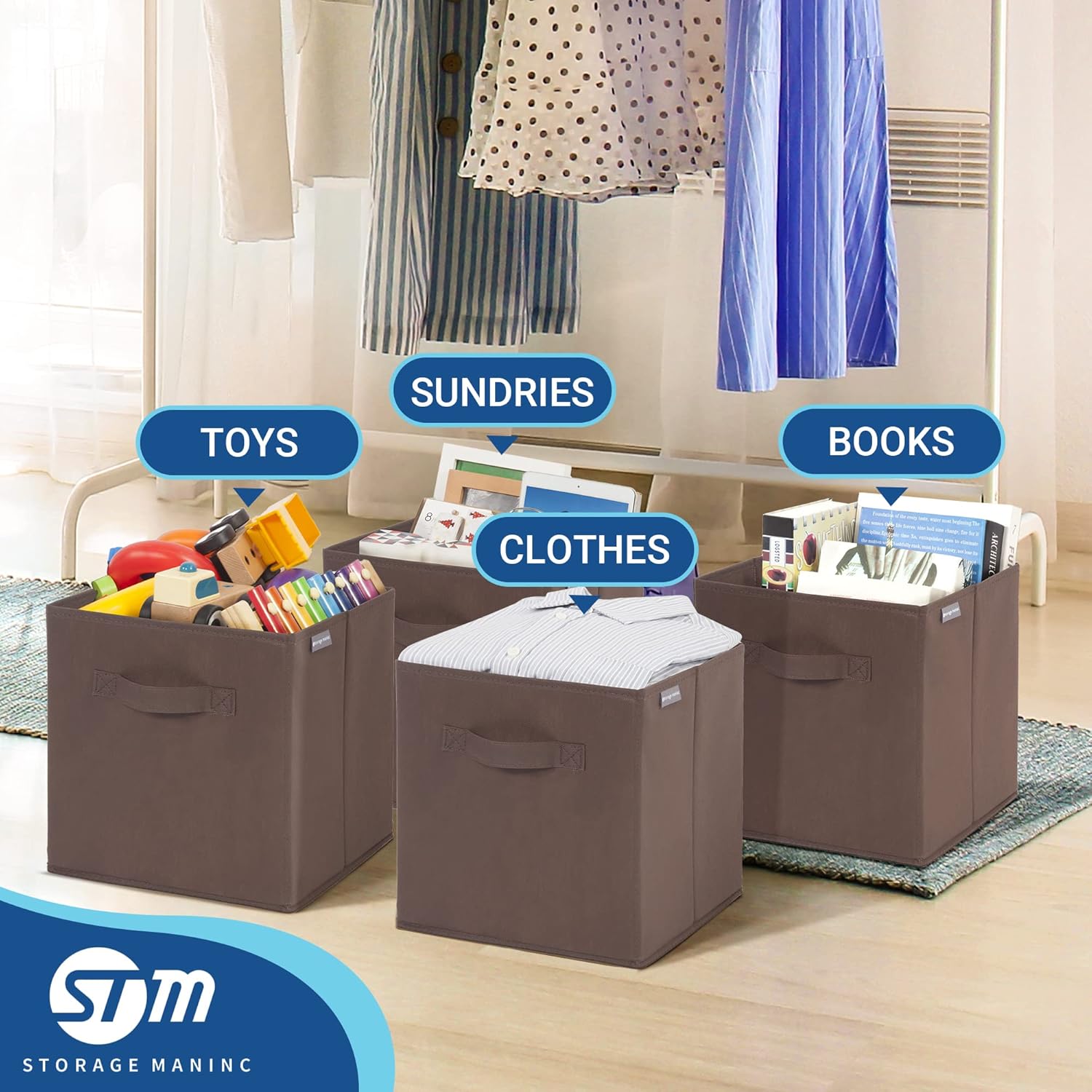 Storage Maniac Collapsible Storage Cubes - 11 Inch Fabric Bins with Handles | 6 Pack for Organized Spaces - Brown