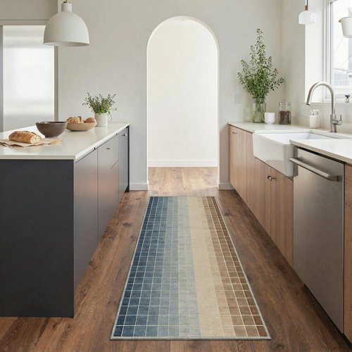 Bavni Runner Rugs - Machine Washable Non-Slip Low Pile | Grid Print Pattern, Blue & Brown, 2x5 ft