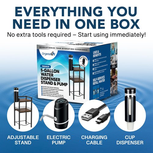 5 Gallon Water Dispenser Stand with Built-in Cup Holder and Electric Pump Included– Heavy Duty Water Jug Holder, Storage Shelf, Second Jug Space – Adjustable Height, Lightweight & Durable