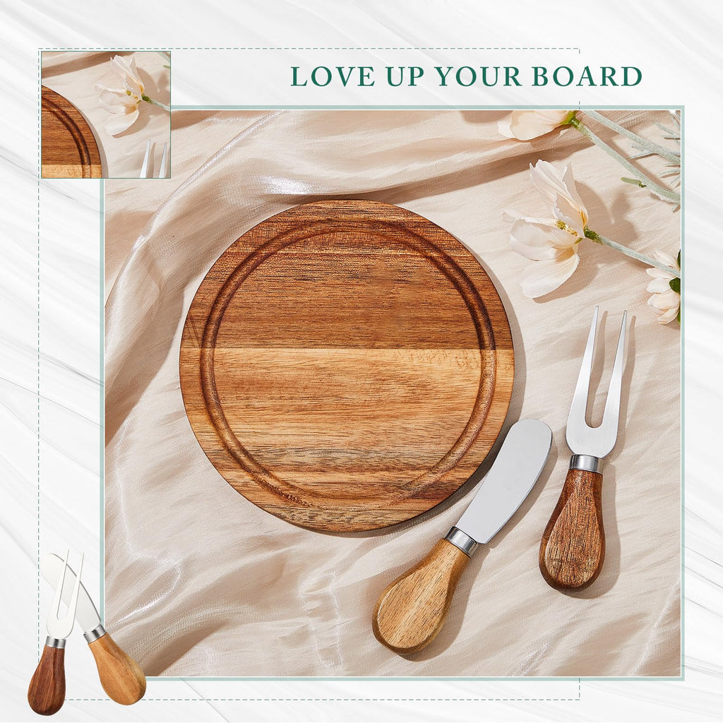 Maxcheck 12 Sets Baby Shower Bridal Game Prizes for Winners Round Cheese Board Set Wood Mini Charcuterie Board with Knives and Forks Thank You Card with Gift Box for Guests Wedding (Acacia)