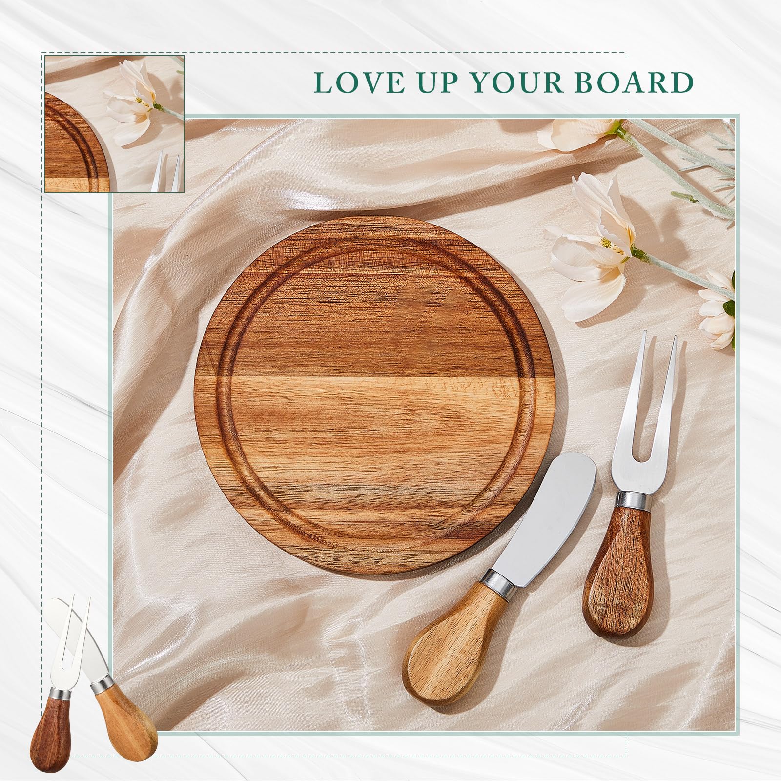 Maxcheck 12 Sets Baby Shower Bridal Game Prizes for Winners Round Cheese Board Set Wood Mini Charcuterie Board with Knives and Forks Thank You Card with Gift Box for Guests Wedding (Acacia)