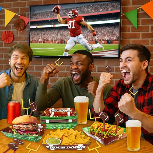 50-Piece Football Party Food Tray Box Kit - 30 Oil-Resistant Paper Snack Trays & 20 Goalpost and Football Picks for Nachos, Popcorn, Chips at Game Day, Tailgate, College Games and Sports Birthdays