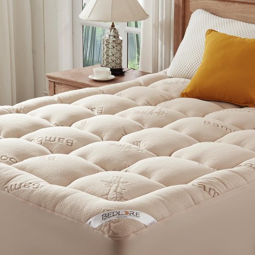 BEDLORE Full Size Mattress Topper - Breathable Bamboo Viscose Pillow Top for Back Pain Relief | Beige, Fits 6"-15" Mattresses