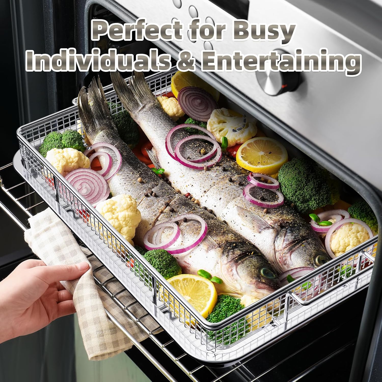 OPENICE Air Fryer Basket Set - 25% Thicker Stainless Steel Pans with Magnetic Cheat Sheet | Oven Crisper Tray