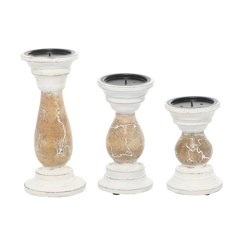 Deco 79 Wood Abstract Candle Holder, Set of 3 6", 8", 10"H, Beige