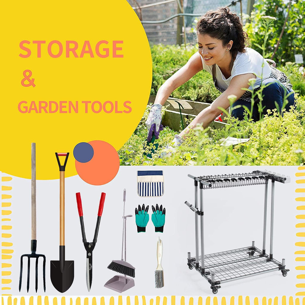 Skiennix Mobile Garden Tool Organizer - Heavy-Duty Metal Storage Holder for Long Lawn Tools | Sturdy Yard Cart