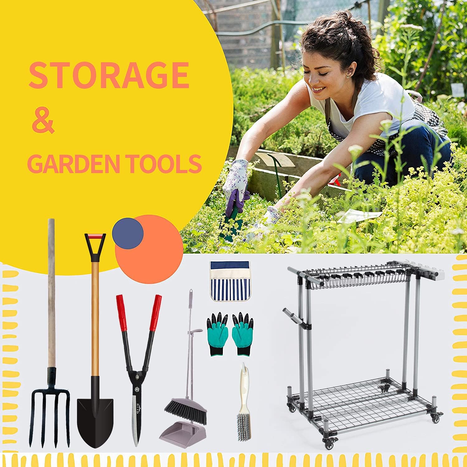 Skiennix Mobile Garden Tool Organizer - Heavy-Duty Metal Storage Holder for Long Lawn Tools | Sturdy Yard Cart