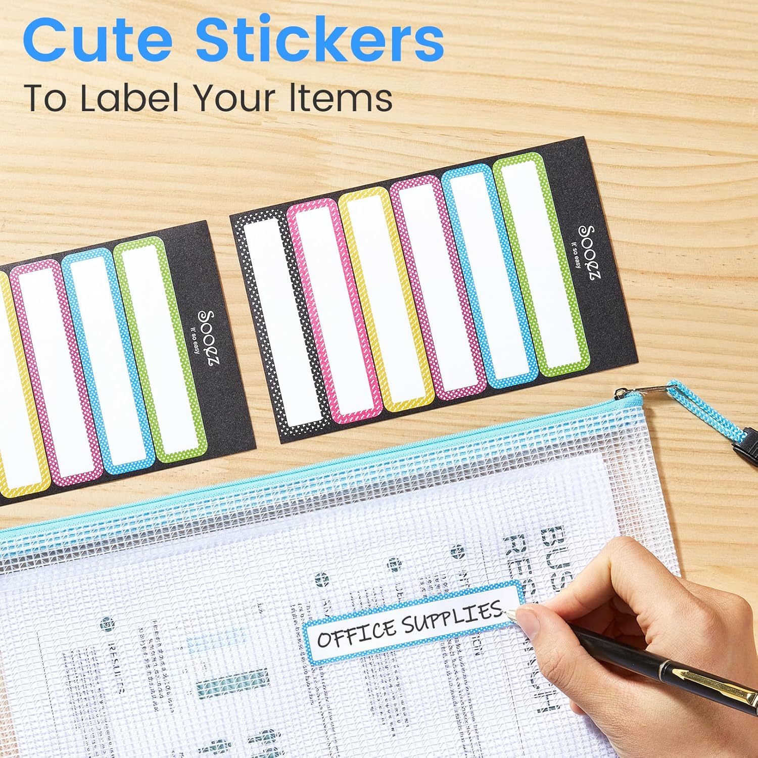 Sooez 24 Pack Mesh Zipper Pouches - Durable A4 Storage Bags with Sticky Labels for Organizing Toys & Games