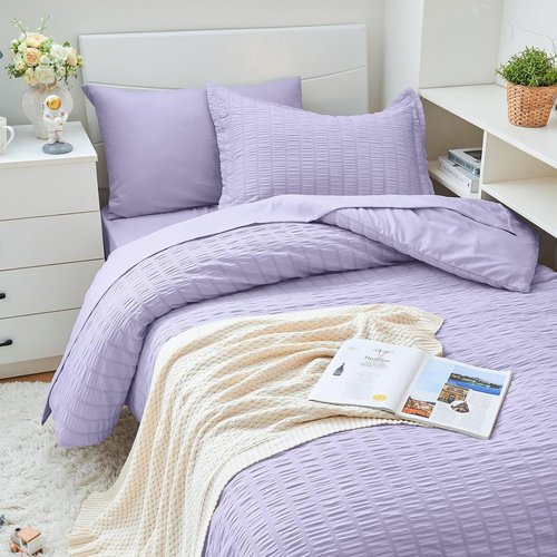 HYMOKEGE Twin XL Comforter Set - Light Purple Seersucker 5-Piece Luxury Bedding Set