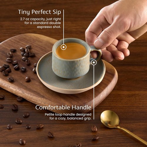 KooK Espresso Mug and Saucer Set - Rustic Ceramic Cups with Feathered Texture | Dishwasher Safe, 2.7 oz, Set of 4