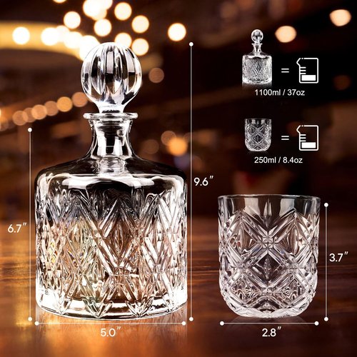 Crystal Whiskey Decanter Set for Men, Premium 37 Oz Decanter with 4 Whiskey Glasses, Whiskey Stones, Tongs - Classic Liquor Decanter for Scotch, Bourbon, Vodka, and More - Perfect for Home Bar
