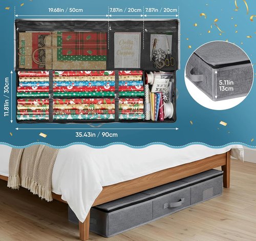 Christmas Wrapping Paper Storage - 30 Roll Organizer | Waterproof & Stain-Resistant, 35.43” Gray