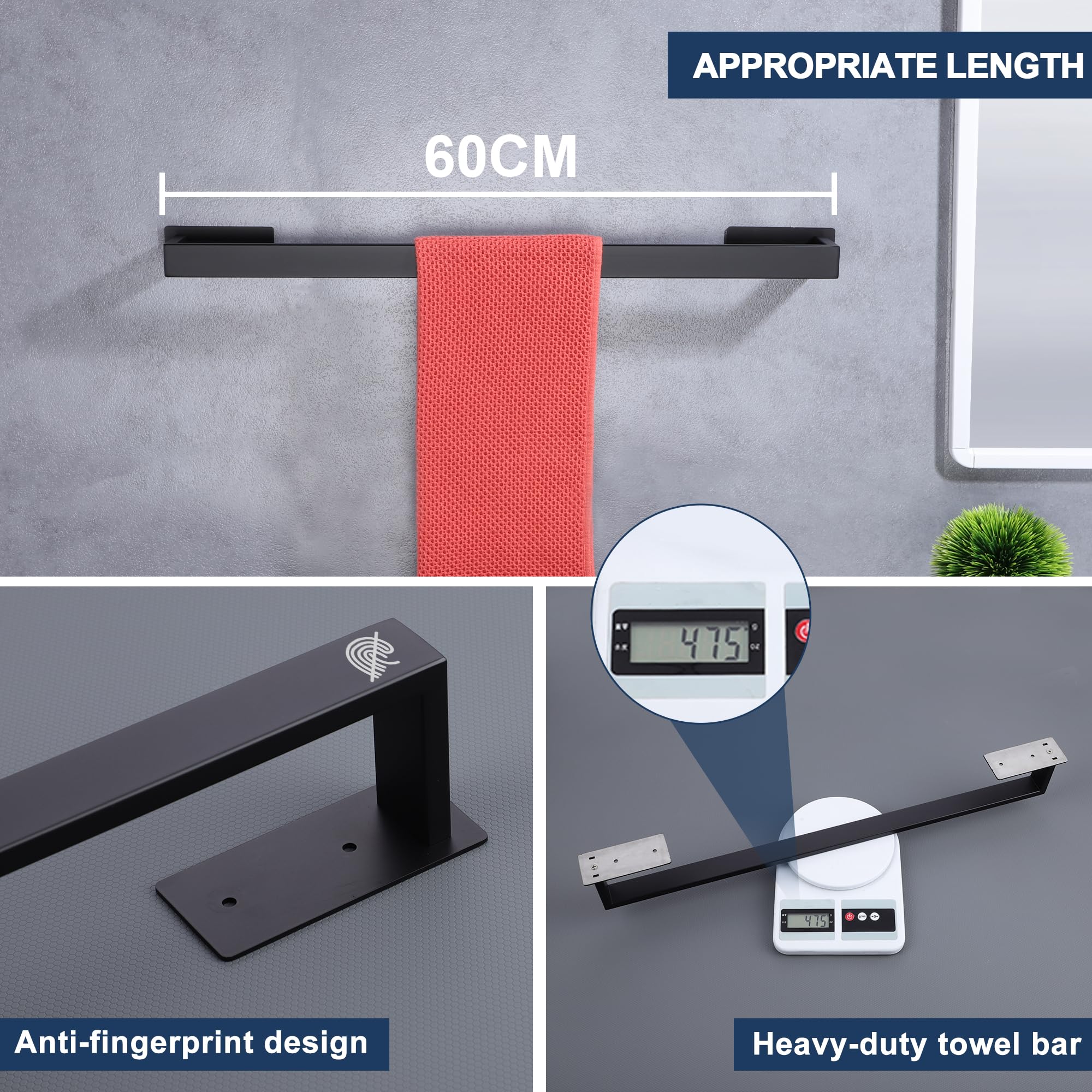 LANC Matte Black 24-Inch Bath Towel Rack Self-Adhesive Bathroom Towel Bar for Wall Mounted and Drill Free Towel Rod, Sticky on Kitchen Bathroom Towel Holder Stainless Steel, A8310MB-L6