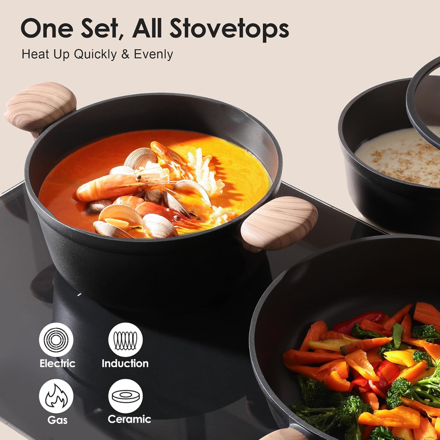 SENSARTE Nonstick Cookware Set - 17-Piece Induction Kitchen Set with Skillets & Saucepans | Matte Black, Dishwasher Safe