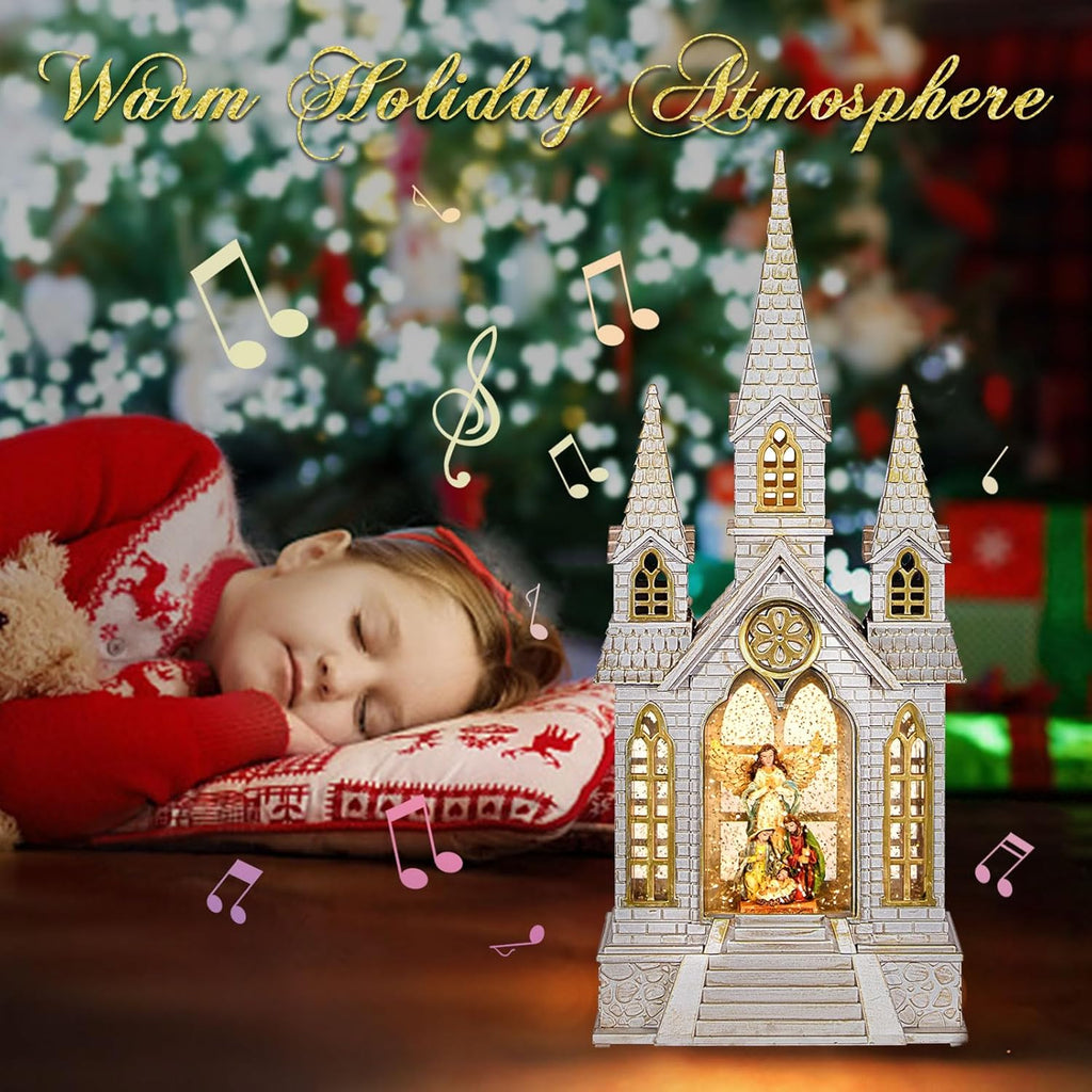Skiennix Church Snow Globe | Lighted Christmas Lantern with Angel Nativity Scene - Musical Decor